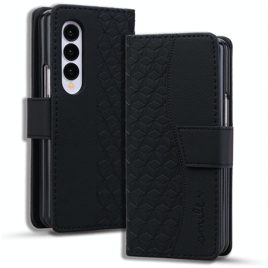For Samsung Galaxy Z Fold4 5G Leather Phone Case With Diamond Buckle And Lanyard - Black
