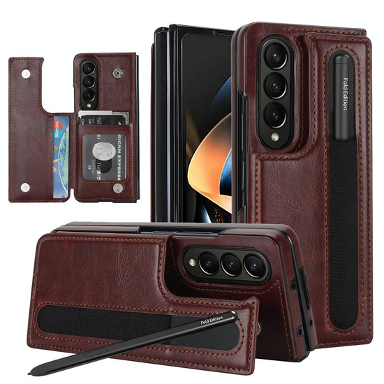 Double Buckle Foldable Phone Case with Pen Slot - Brown