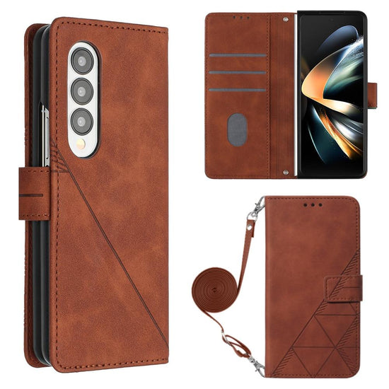 For Samsung Galaxy z Fold4 5G Embossed Leather Flip Crossbody Phone Case - 3d Design - Brown