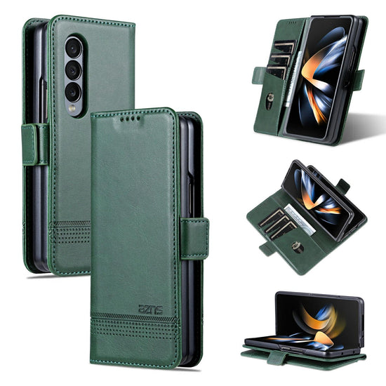 For Samsung Galaxy Z Fold4 5G Leather Magnetic Phone Case - Calf Texture - Dark Green