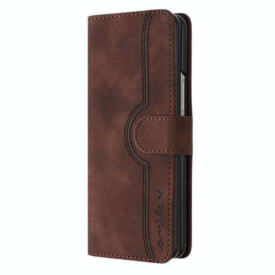 For Samsung Galaxy Z Fold4 5G Leather Phone Case With Heart Pattern - Brown