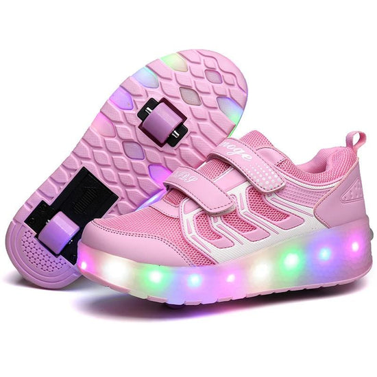 Rechargeable Double Wheel Roller Skating Shoes - Ultra Light Mesh - Size 33 - Pink