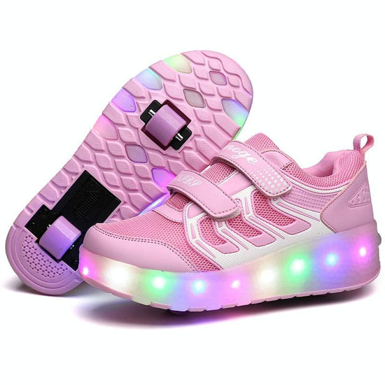 Rechargeable Double Wheel Roller Skating Shoes - Ultra Light Mesh Surface - Size 34 - Pink
