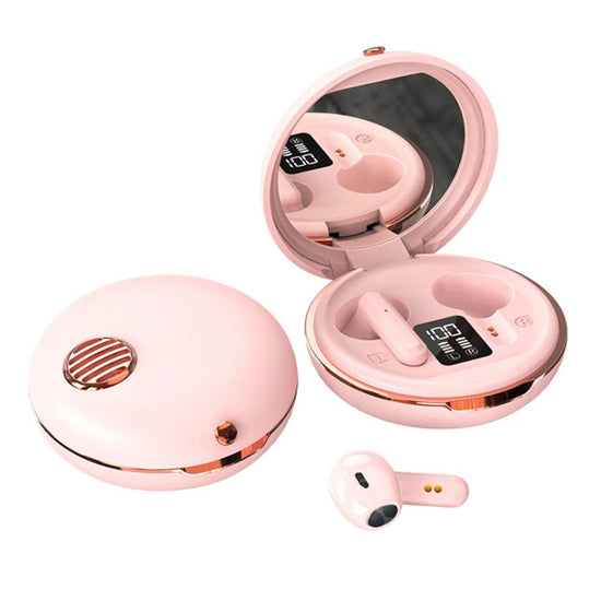 Wireless Hifi Stereo Earphones with Charging Case and Make-up Mirror - Pink