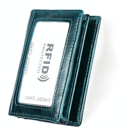 Leather Rfid Card Holder Wallet with 5 Slots and Pocket - Blue