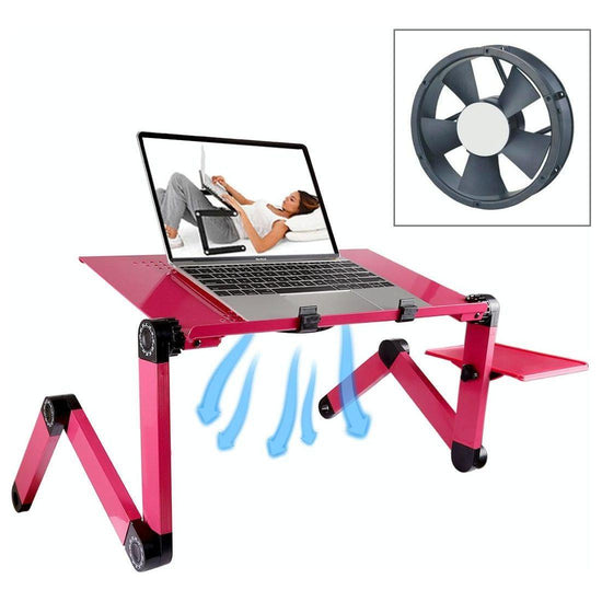 Adjustable Foldable Laptop Stand With Fans & Mouse Pad - Portable Aluminum Alloy - Magenta