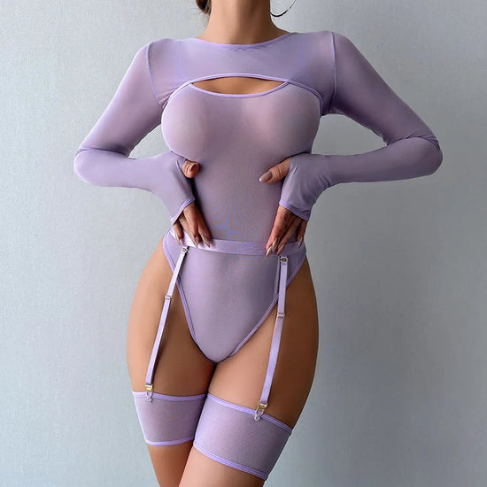 Alluring Transparent Bodysuit Open Crotch Teddy Nightgown For Women - Light Purple - M