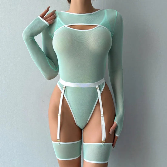 Alluring Transparent Bodysuit Open Crotch Teddy Nightgown For Women - Light Green - L