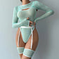 Alluring Transparent Bodysuit Open Crotch Teddy Nightgown For Women - Light Green - L