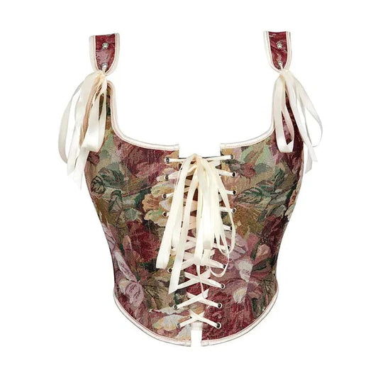 Floral Print Bowknot Tie Strap Sleeveless Vest Corset Bustier Plus Size S-Xxl - S