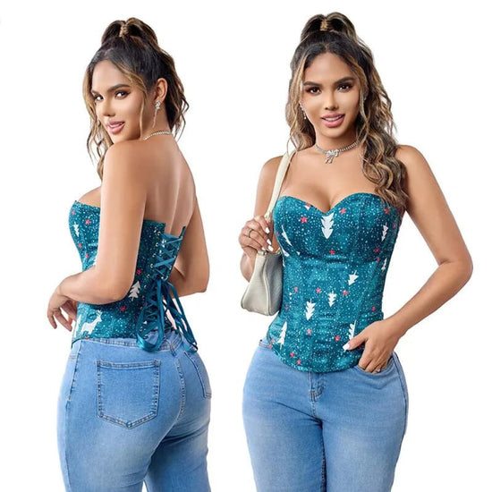 Christmas Lace Bustier Corset Top For Plus Size Women Push Up Vintage Gothic Style With Zipper Closure - L