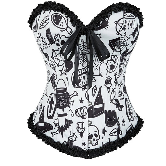 Print Gothic Corselet Ruffled Lace Trim Boned Corset Halloween Women Clothing - Xs