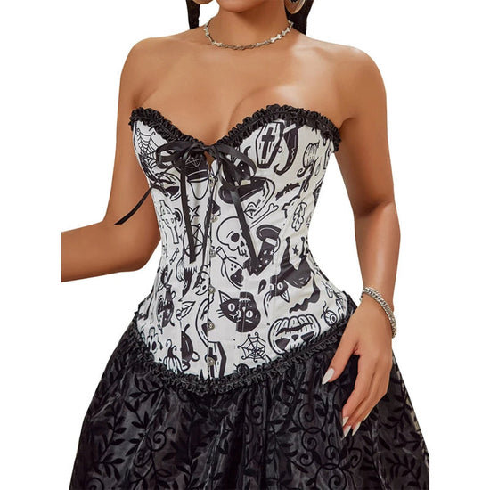 Print Gothic Corselet Ruffled Lace Trim Boned Corset Halloween Women Clothing - Xs