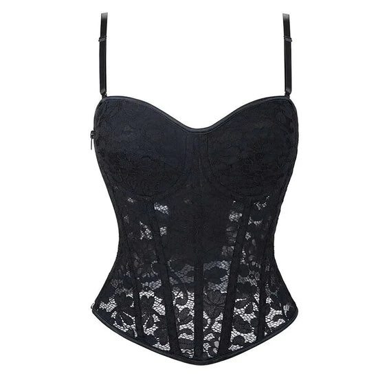 Xs-Xxl Spaghetti Strap Lace Mesh Lingerie With Padded Cups Plus Size Bustier - Xl