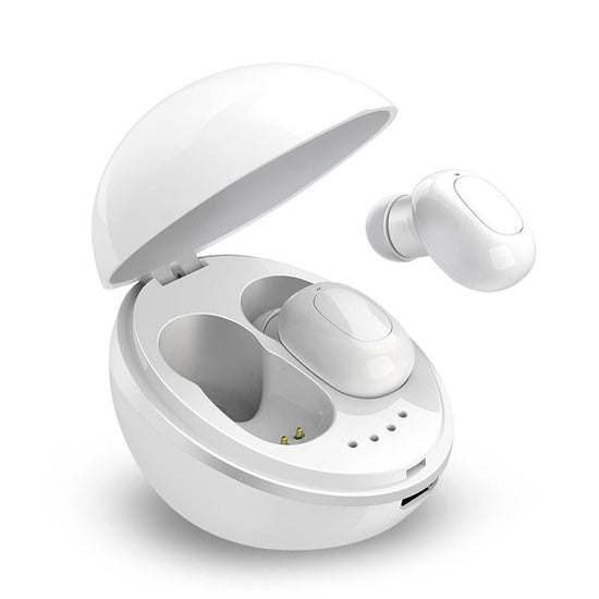 Wireless Bluetooth Earphones - Space Capsule Shape with Magnetic Charging Box & Lanyard - White