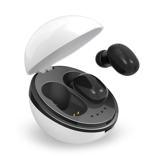 Wireless Bluetooth Earphones - Space Capsule Shape with Magnetic Charging Box & Lanyard - Black White