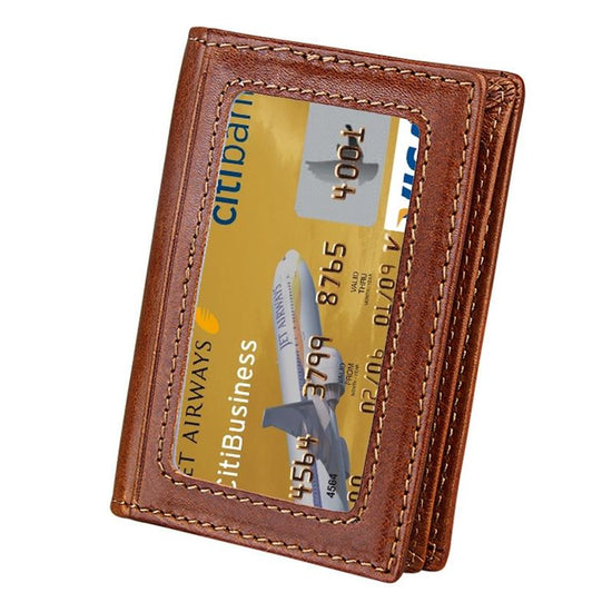 Leather Rfid Card Holder Wallet with 5 Slots and Pocket - Brown