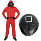 Adult Squid Game Guard Tracksuit Red Full Party Costume Set w/ Mask - Square Mask - L/XL