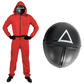 Adult Squid Game Guard Tracksuit Red Full Party Costume Set w/ Mask - Triangle Mask - L/XL