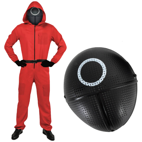 Adult Squid Game Guard Tracksuit Red Full Party Costume Set w/ Mask - Circle Mask - S/M