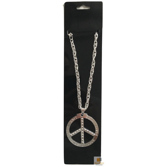 PEACE Sign Metal Necklace Chain Hippie Costume Party Pendant Chain Jewellery 70s 60s - Silver