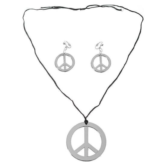 HIPPIE Necklace & Earring Set Peace Signs Party Costume Halloween 60s 70s - Silver