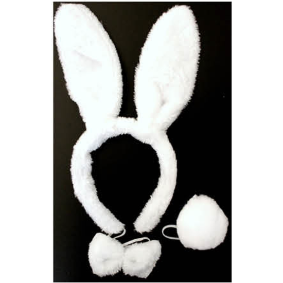 WHITE RABBIT EARS HEADBAND w Bow Tail Animal Costume Halloween Party Hair Accessory