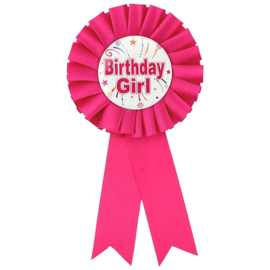 Birthday Girl Ribbon Badge Award Fun Rosette Fancy Dress Party - Hot Pink