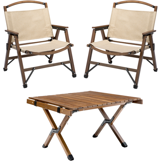 Bamboo Foldable Camping Table + 2 Chairs Waterproof Wood Wooden Travel Set Kit