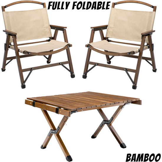 Bamboo Foldable Camping Table + 2 Chairs Waterproof Wood Wooden Travel Set Kit