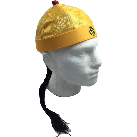 CHINESE LANDLORD HAT Oriental Asian Cap w Ponytail Party Costume Traditional - Yellow