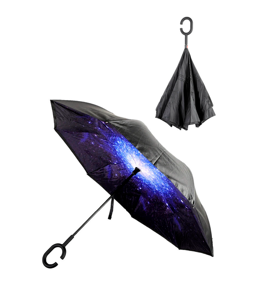 Reverse Umbrella Windproof Double Layer C-Handle Inverted Folding in Galaxy Print