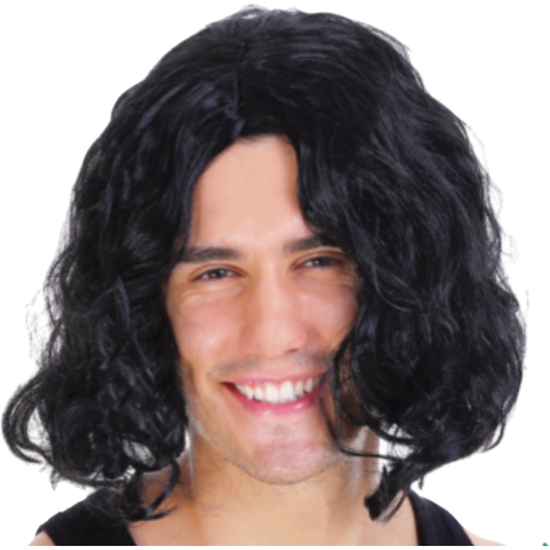 MENS WAVY WIG Curly Long Hair Disco Punk Rock Party Costume 60s 70s - Black