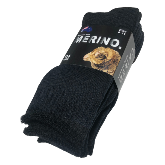 3 Pairs MERINO WOOL SOCKS Mens Heavy Duty Premium Thick Work Socks Cushion - Black - 11-14