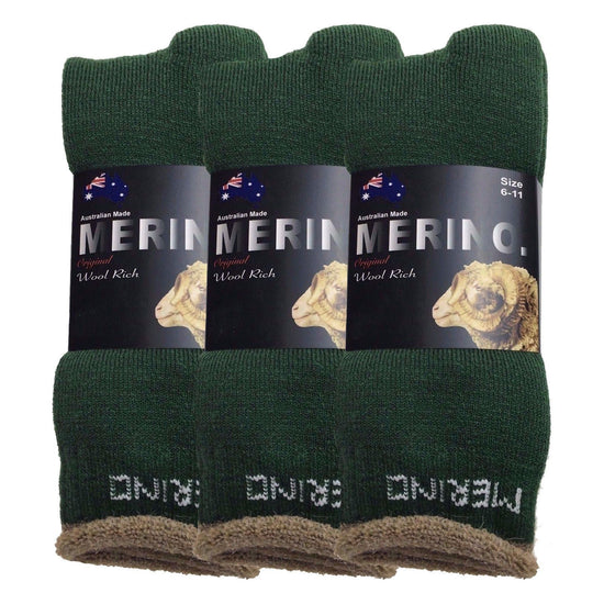 3 Pairs MERINO WOOL SOCKS Mens Heavy Duty Premium Thick Work Socks Cushion - Green - 11-14