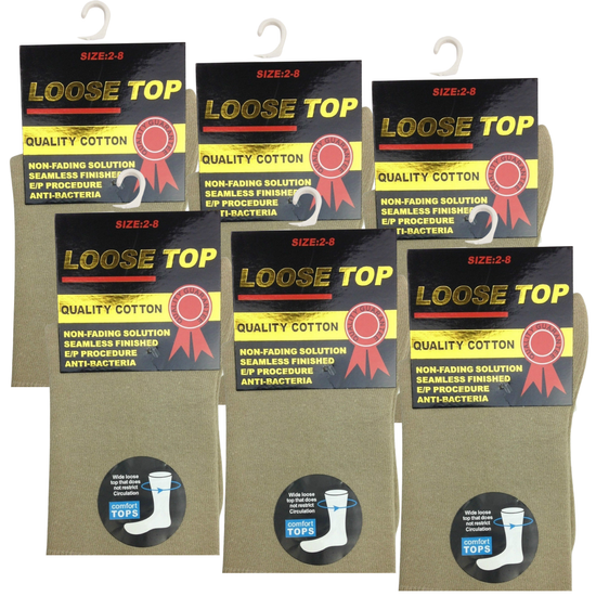 6x Pair COTTON Rich LOOSE TOP SOCKS Circulation Diabetic Comfort in Beige - 6-11