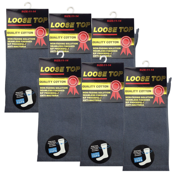 6x Pair COTTON Rich LOOSE TOP SOCKS Circulation Diabetic Comfort in Grey - 11-14