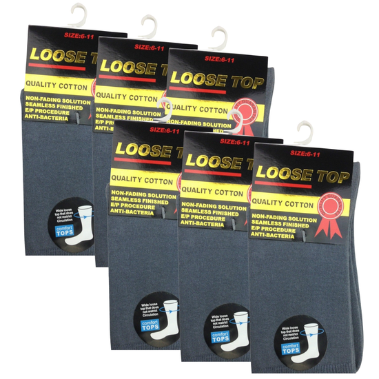 6x Pair COTTON Rich LOOSE TOP SOCKS Circulation Diabetic Comfort in Grey - 6-11