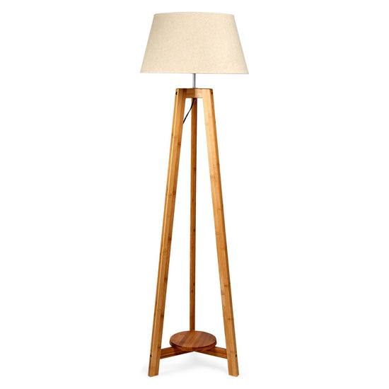 155cm Large Bamboo Wooden Tripod Floor Lamp w Beige Linen Light Shade