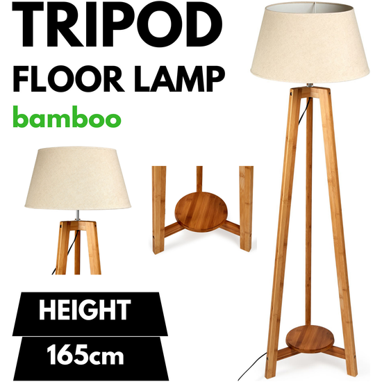 155cm Large Bamboo Wooden Tripod Floor Lamp w Beige Linen Light Shade