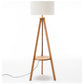 Natural Wooden Tripod Floor Lamp w/ Round Wood Shelf + Off White Linen Shade