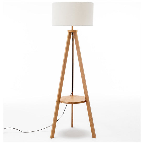 Natural Wooden Tripod Floor Lamp w/ Round Wood Shelf + Off White Linen Shade