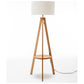 Natural Wooden Tripod Floor Lamp w/ Round Wood Shelf + Off White Linen Shade