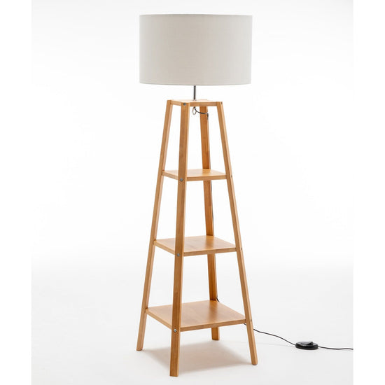 Eiffel 3 Tier Natural Wood Floor Lamp w/ Storage Shelves + Off White Linen Shade