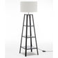 Eiffel 3 Tier Natural Wood Floor Lamp w/ Storage Shelves + Off White Linen Shade