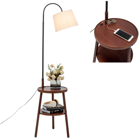 Naples Tripod Floor Lamp Shelf Storage Drawer Bed Side Table Light w/ USB Charger