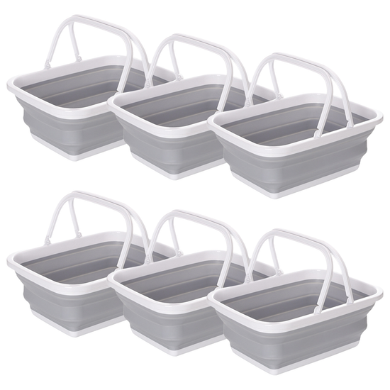 6x 9L Collapsible Laundry Folding Basket Wash Clothes w Handles Bin - Grey/White