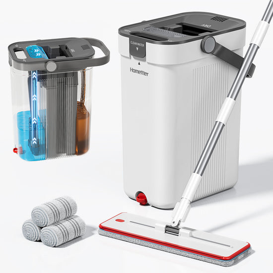 Premium Microfiber Flat Mop Bucket Set w/ Clean & Dirty Water Separation 360 Degree - White