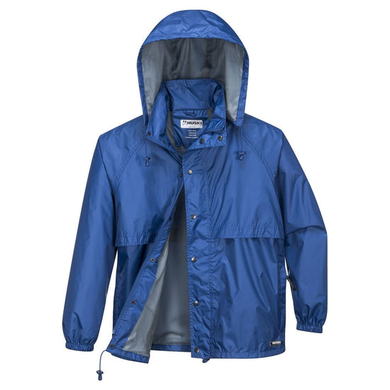 HUSKI STRATUS RAIN JACKET Waterproof Workwear Concealed Hood Windproof Packable - Cobalt - M