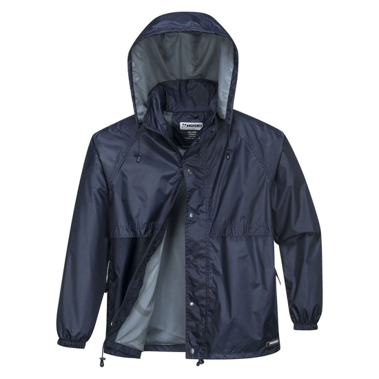 HUSKI STRATUS RAIN JACKET Waterproof Workwear Concealed Hood Windproof Packable - Navy Blue - M